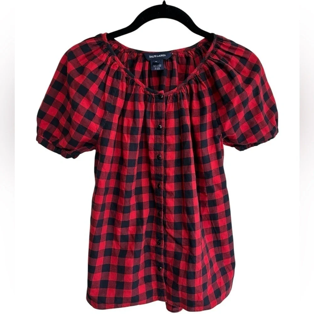 Polo Ralph Lauren Winter Peasant Top Blouse Size 12 Black Red Plaid Gingham